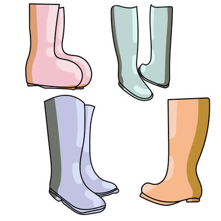 Set of rubber boots, colorful vector illustration, comfortable shoes for rainy weather, hand draw outline illustrations for design and creativityのイラスト素材