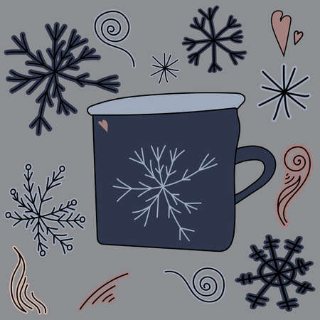 Cute doodle mug with snowflake and heart, doodle elements in blue and pink shades, hand draw vector illustration for design and creativityのイラスト素材