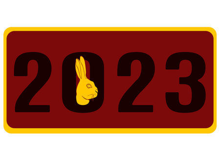 The symbol of the new year in the Chinese calendar, a yellow rabbit peeking out of the numbers of the new year vector illustrationのイラスト素材
