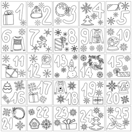 Advent calendar coloring page for christmas, cute doodle christmas symbols in windows from 1 to 25, contour festive tree, wreath, sweater and snowflakes and dates for the holiday outline vector illustrationのイラスト素材
