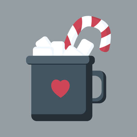 mug with hot drink and marshmallows, Christmas cocoa with marshmallows and red and white caramel cane, cup with decorative heart on the side vector illustration for design and creativityのイラスト素材
