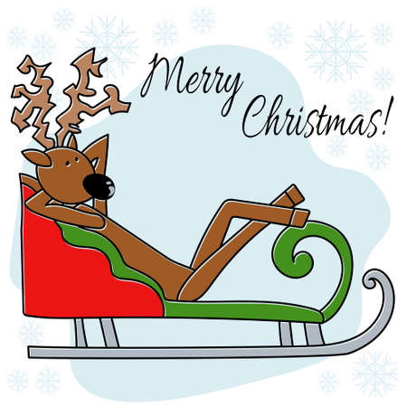 Merry Christmas greeting card with positive reindeer in doodle style in red sleigh vector illustrationのイラスト素材