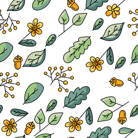 Cute nature doodle seamless pattern, vector hand draw illustration for design paper, scrapbook, textile, etc.のイラスト素材