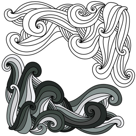 A set of two doodle corners of curls and arcs in two versions - in shades of gray and contour, decorative elements with smooth transitions, vector outline illustration for design and creativityのイラスト素材