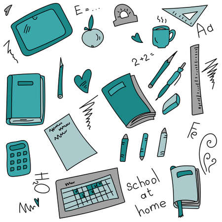 Set of doodles on the topic of study, school subjects and formulas in blue and gray color vector illustrationのイラスト素材