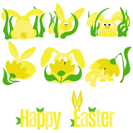 Clipart set with Easter bunnies, symbolic animals in the grass and a festive inscription vector illustrationのイラスト素材