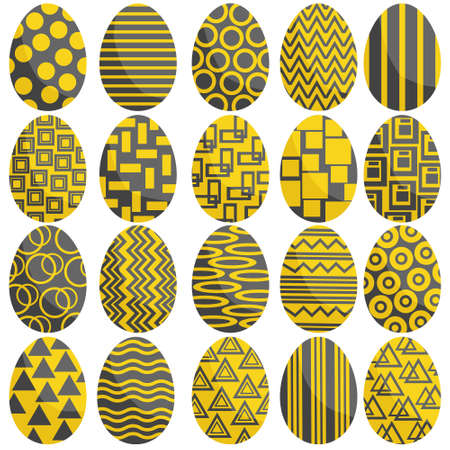 Set of Easter eggs in gray-yellow tones, holiday attributes with bright patterns vector illustrationのイラスト素材