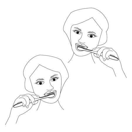woman brushing teeth, set of two images, holding a toothbrush in her right hand or in her left hand, outline vector illustration for design and creativityのイラスト素材