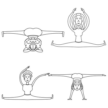 Girls do stretching and splits, outline young women doing physical exercises set, vector illustrationのイラスト素材
