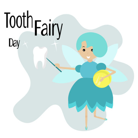 Tooth Fairy Day, magic character with a wand and wings in a blue outfit with a coin in his hand vector illustrationのイラスト素材