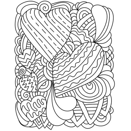 Ornate coloring page with hearts and patterns, Valentine's day coloring book vector illustrationのイラスト素材