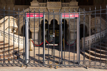 Moscow, Russia - March 28, 2020: Lock on the doors of Central shopping center GUM a day after the government announcement to close all shopping mall in Russia to combat covid-19 outbreak coronavirusのeditorial素材