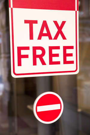 Moscow, Russia - April 26, 2020: Tax free sign on the door of the shopping center. Tax Free Shopping in this mall. Tax free zone.のeditorial素材