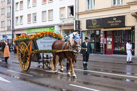 Munich, Germany - September 24, 2018: Decorated carts are harnessed by beautiful horses on holiday...