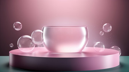 Minimal modern product display with beautiful bowl, soap bubbles, balls on pink background. Concept scene stage showcase for new product, promotion sale, banner, presentation, cosmetic. Generative AIの素材