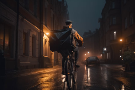 View from the back of young delivery guy with thermo backpack riding his bike in the rain down the street with an order in the evening. Generative AI.の素材