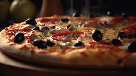 Pepperoni italian pizza with tomatoes, mozzarella cheese, salami, pepper, olives and spices. Generative AI.の素材