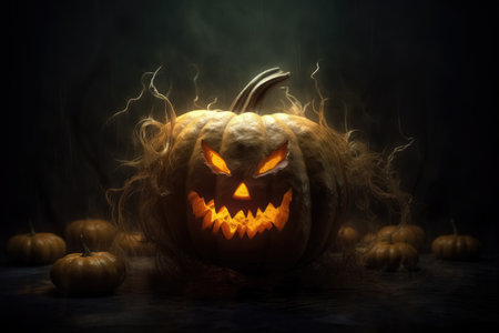 Large pumpkin and lot of small for Halloween Jack head with terrible smile carved and candle inside on dark background. Generative AI.の素材