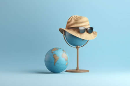 Globe model of the earth in straw hat and sunglasses on blue background, 3d illustration, minimalism with copy space. Vacation planning, tourism destinations concept. Generative AI.の素材