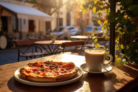 Relax in an Italian cafe with a cup of coffee and pizza. Beautiful shining morning rays of light illuminate the table, the street, plants. Generative AI.の素材