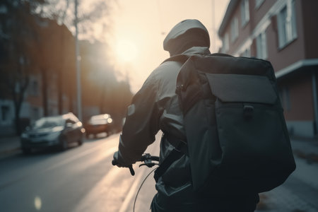 View from the back of young delivery courier with thermo backpack riding bicycle in the evening down the street with an order. Sunset the sun shines in his face. Generative AI.の素材