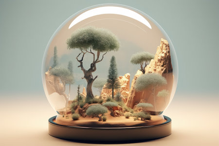 Mini green world with trees in a crystal globe on light background. Generative AI.の素材
