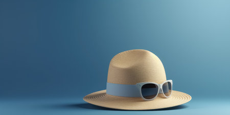 Straw hat and sunglasses on blue background of banner with copy space. Vacation planning, tourism destinations concept. Generative AI.の素材