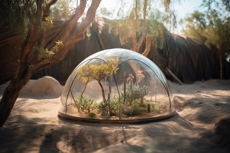Glass sphere with green trees and grass inside on the sand in the sunlight. Bonsai Art. Concept world environment day. Generative AI.の素材