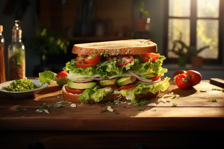 Vegetarian sandwich with slices of tomatoes, avocado, lettuce, onions on the kitchen table illuminated by morning light from the window. Quick healthy delicious breakfast. Generative AI.の素材