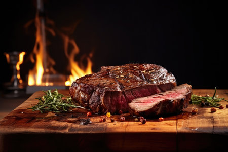 Juicy sliced grilled meat steak Rib eye medium rare set, on wooden serving board rosemary on black wooden table background with fireplace. Generative AI.の素材
