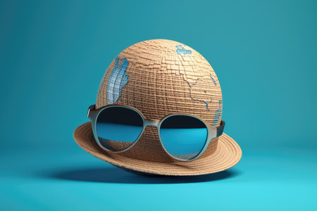 Straw hat with drawn map of the world is located on wooden stand, next to sunglasses on blue background of banner with copy space. Travel and open border concept. Generative AI.の素材