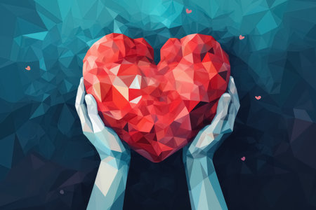 Human hands hold large polygonal red heart on blue background. Concept world health day and national organ donor day. Generative AI.の素材