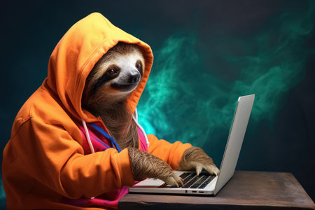 Portrait of fun happy sloth office worker in hipster clothes working at the table on laptop on green background. Generative AI.の素材