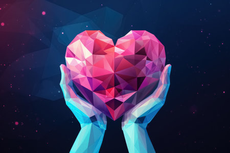 Human hands hold large polygonal pink heart like brilliant on dark blue background. Concept world health day and of the world children day. Generative AI.の素材
