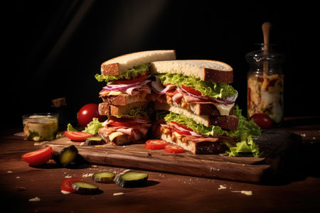 Delicious club sandwiches with slices ham, onion, tomatoes, cucumbers, lettuce and sauce on the table on wooden cutting board and dark background. Nutritious breakfast or snack. Generative AI.の素材