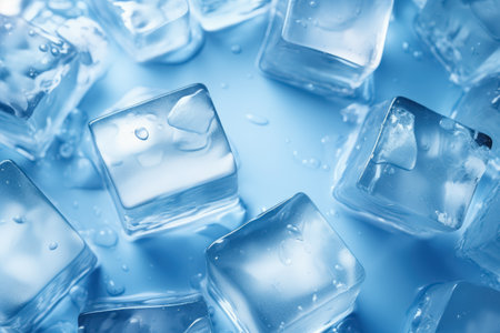 Close up of transparent ice cubes for drinks and cooling wet with water drops on blue background top view. Generative AI.の素材