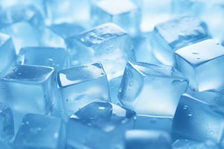 Close up of transparent ice cubes for drinks and cooling wet with water drops on blue background top view. Generative AI.の素材
