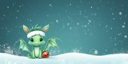 Cute, cheerful cartoon green dragon with wings symbol new year 2024 on snowy background with copy space. Mascot of the year according to oriental lunar calendar. Generative AI.の素材