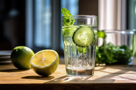 Health fresh cool lemon cucumber and mint infused water, cocktail, detox drink, lemonade in glass. Beverage for fitness, healthy nutrition diet concept. Generative AI.の素材