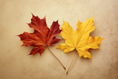 Two autumn maple leaves are red and yellow on beige background with copy space. Seasonal banner with autumn leaf fall. Generative AI.の素材