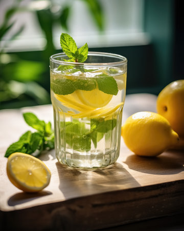 Glass of detox water with slice of lemon and mint on wooden table in bright morning sunlight. Healthy for antiviral, immunity, digestion and reduces weight drink with citrus fruit. Generative AI.の素材