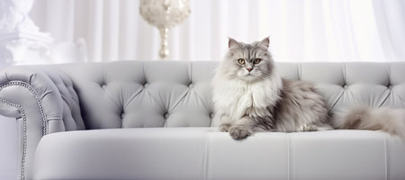 Siberian gray long-haired fluffy cat sits on the sofa in the room. Generative A.I.の素材