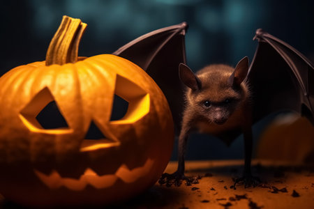Vampire bat with wings spread and pumpkin with carved mask of Jack head for Halloween on brown background. Generative AI.の素材