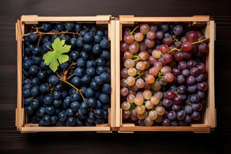 Two wooden boxes with seasonal harvest of grapes of different sorts top view. Generative AI.の素材