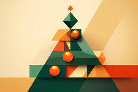 Xmas and Happy New Year of greeting card with creative Christmas tree from geometric shapes. Generative AI.の素材