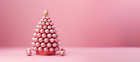 New year banner with creative Christmas tree of pink balls on background with copy space. Generative AI.の素材