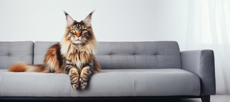 Beautiful fluffy maine coon cat is sitting on gray sofa in the room and looking in camera. Generative AI.の素材