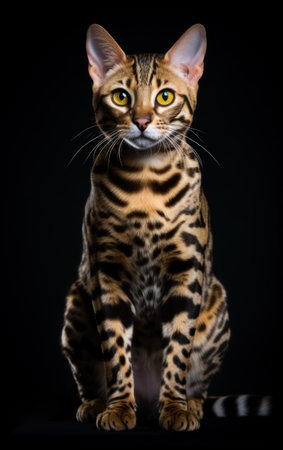 Full body front view studio portrait beautiful spotted bengal cat sitting and looking in camera isolated on black background. Generative AI.の素材
