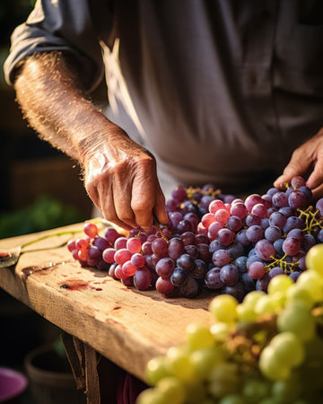 Man sorts grapes on the table for the vine. Generative AI.の素材