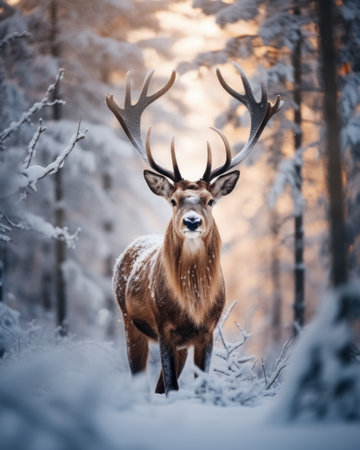 One noble male deer with huge beautiful horns stands and looks in camera in winter snowy forest. Generative AI.の素材